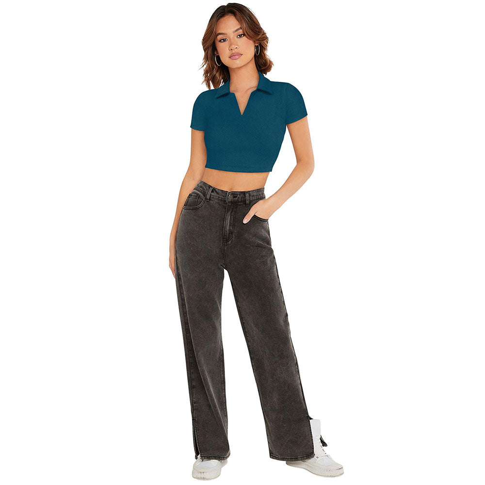 Odette Teal Polyester Solid Crop Top For Women