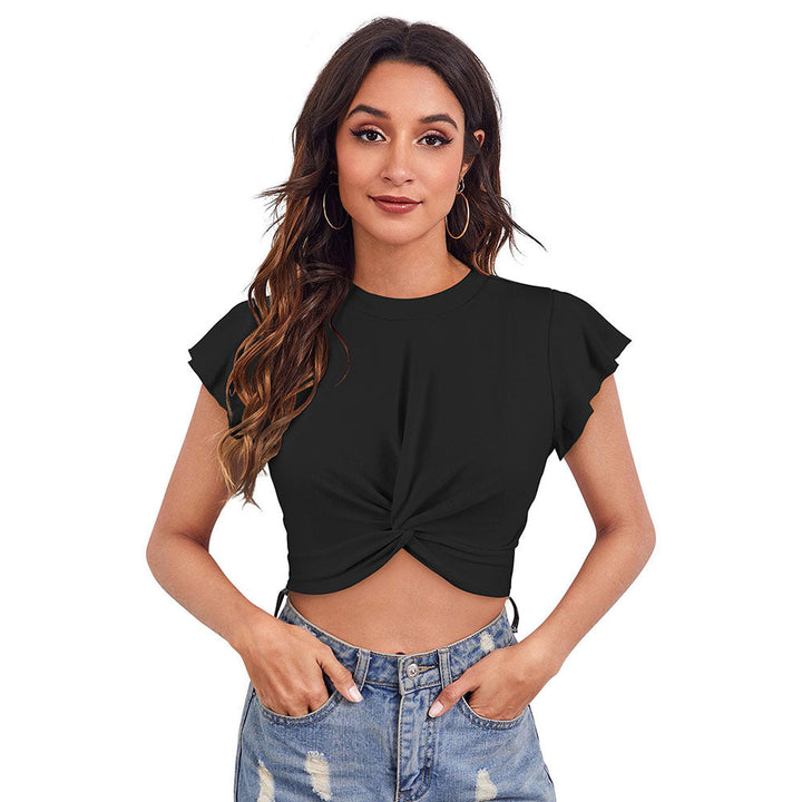 Odette Black Polyester Solid Crop Top For Women