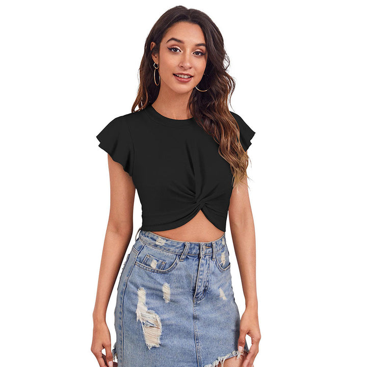 Odette Black Polyester Solid Crop Top For Women