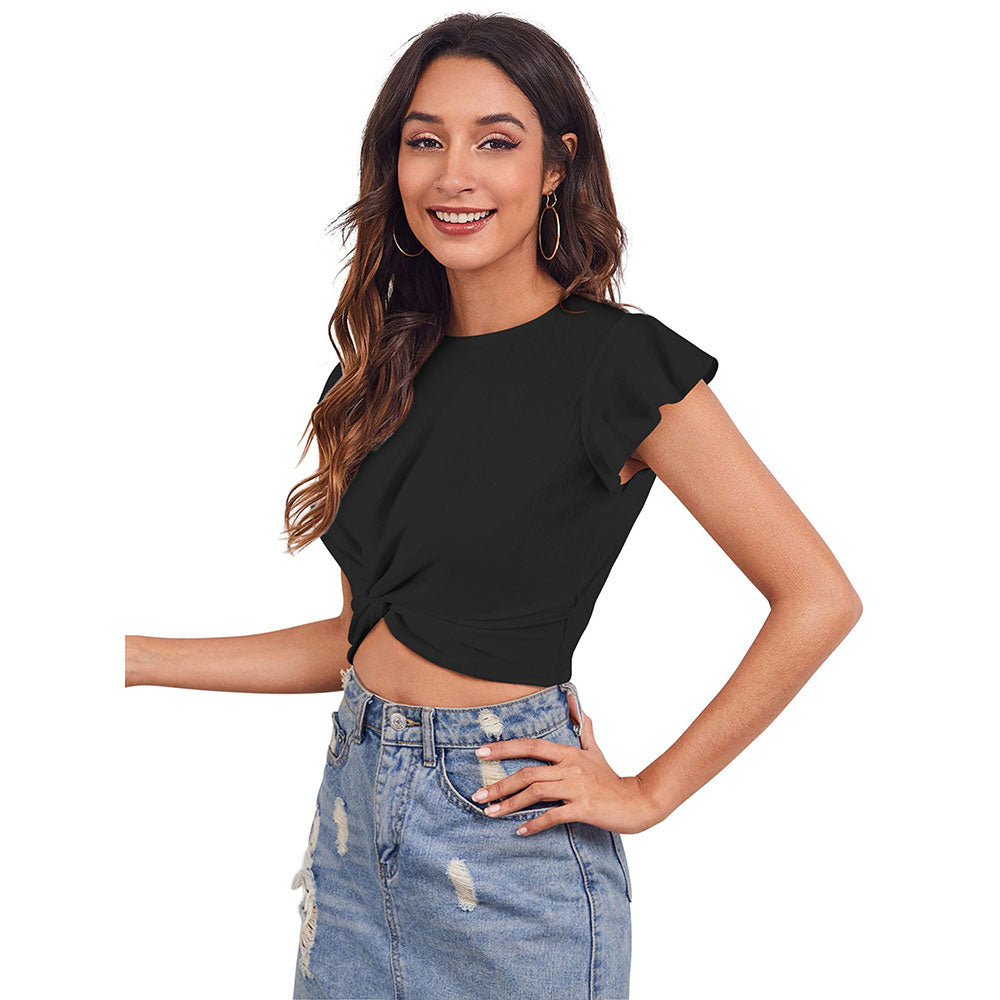 Odette Black Polyester Solid Crop Top For Women