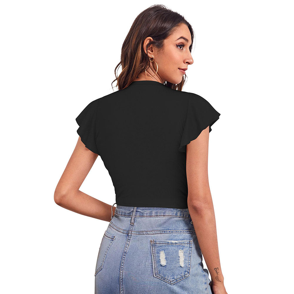 Odette Black Polyester Solid Crop Top For Women