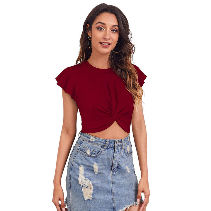 Odette Maroon Polyester Solid Crop Top For Women