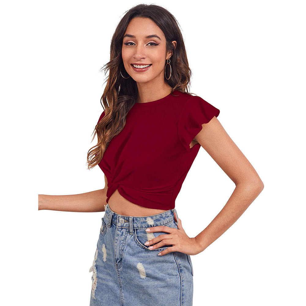 Odette Maroon Polyester Solid Crop Top For Women