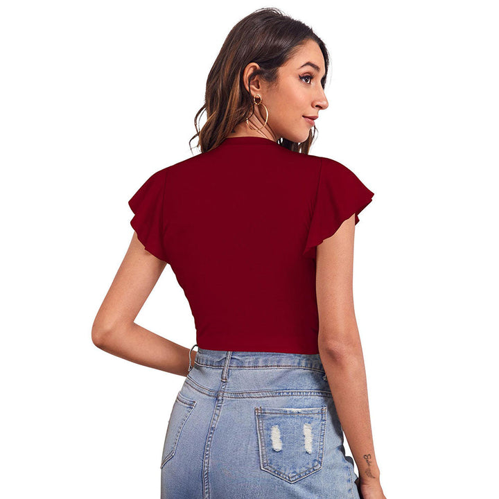 Odette Maroon Polyester Solid Crop Top For Women