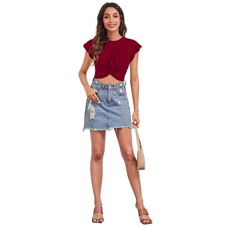 Odette Maroon Polyester Solid Crop Top For Women