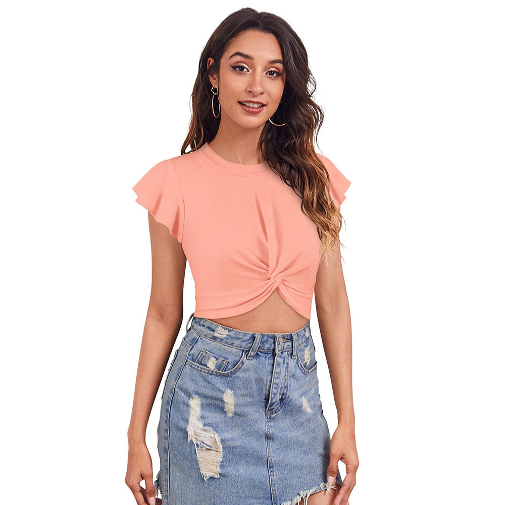 Odette Peach Polyester Solid Crop Top For Women