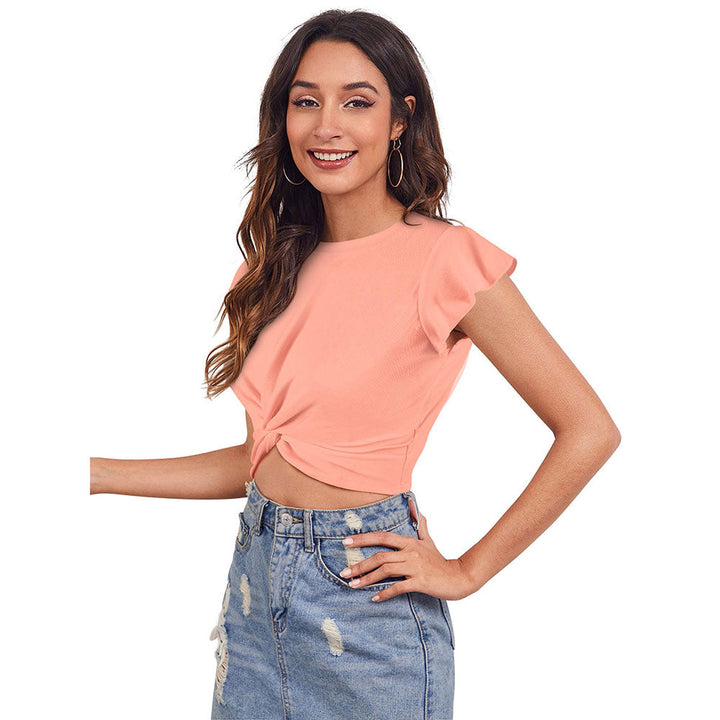 Odette Peach Polyester Solid Crop Top For Women