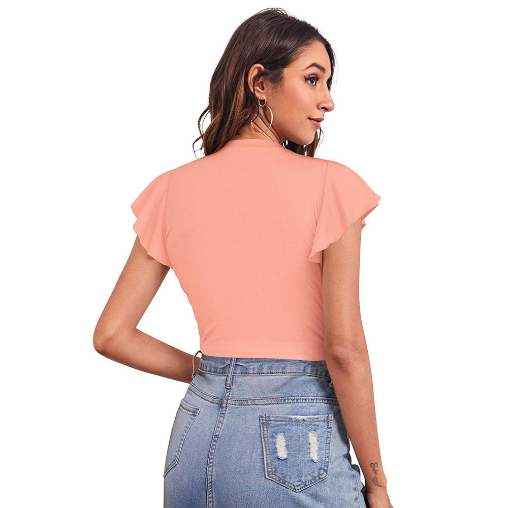 Odette Peach Polyester Solid Crop Top For Women