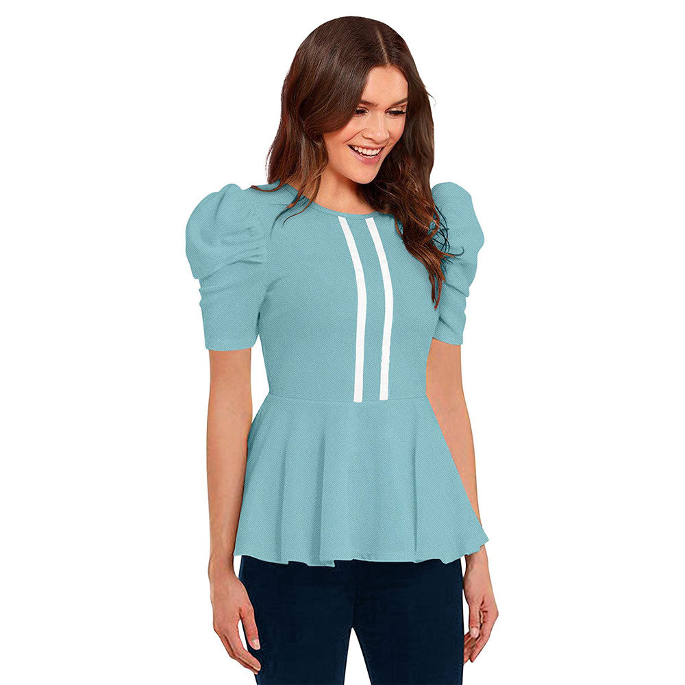 Odette Light Blue Polyester Solid Top For Women