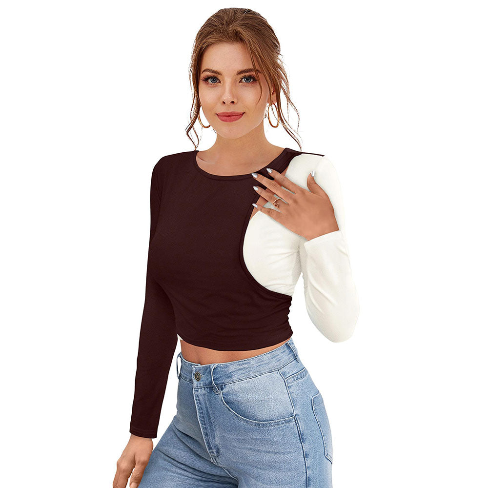 Odette Brown Polyester Solid Crop Top For Women