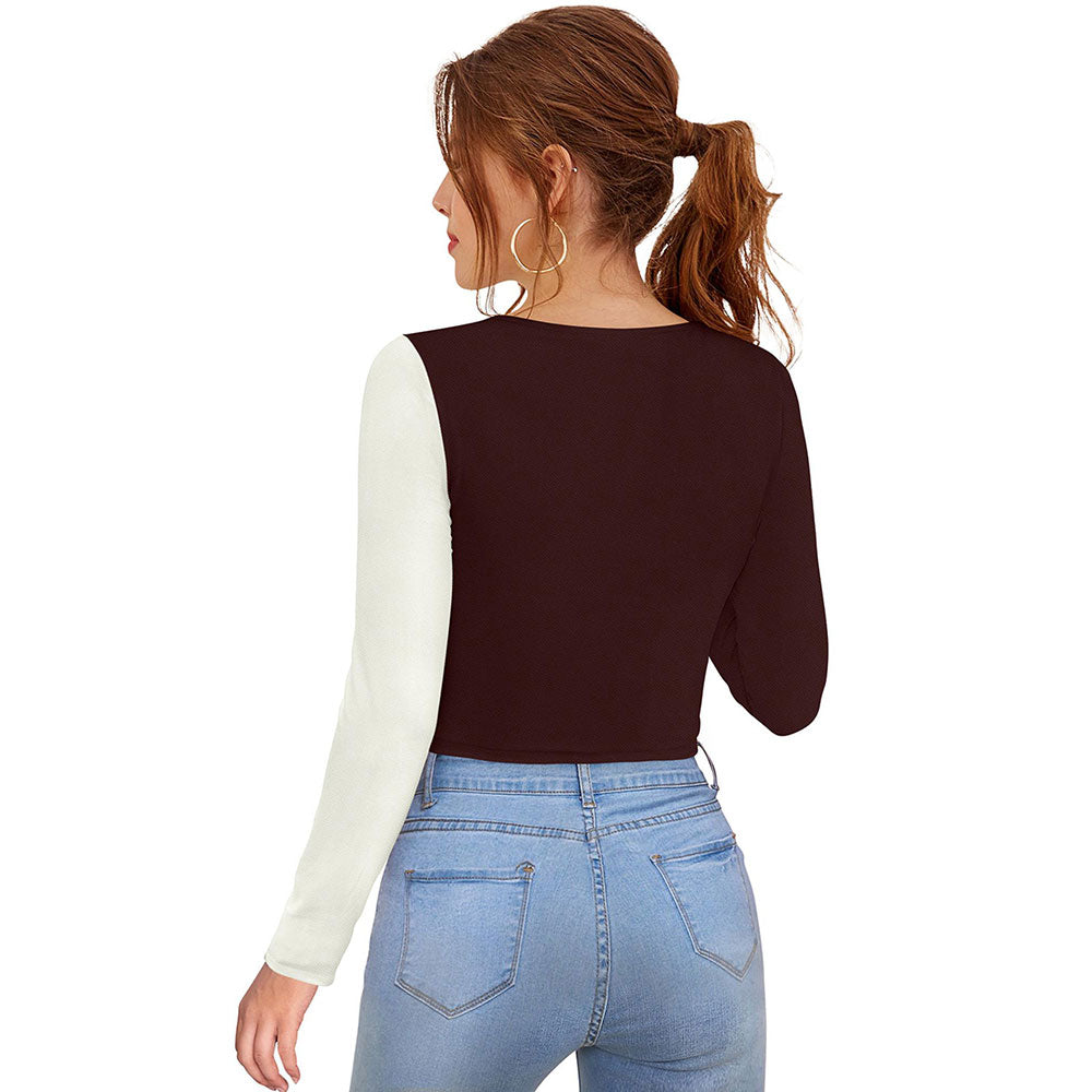 Odette Brown Polyester Solid Crop Top For Women