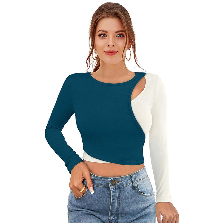 Odette Teal Polyester Solid Crop Top For Women