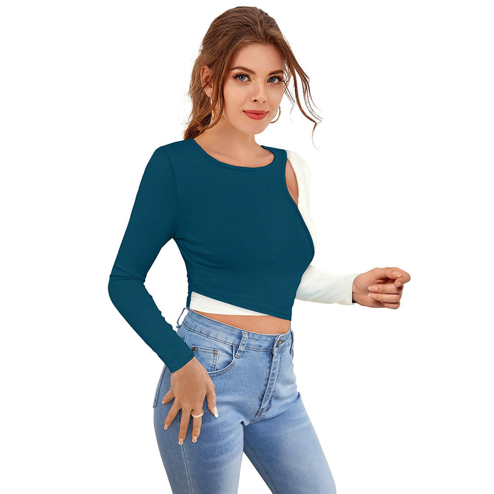 Odette Teal Polyester Solid Crop Top For Women