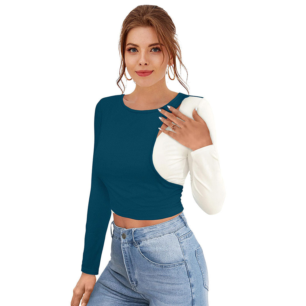 Odette Teal Polyester Solid Crop Top For Women