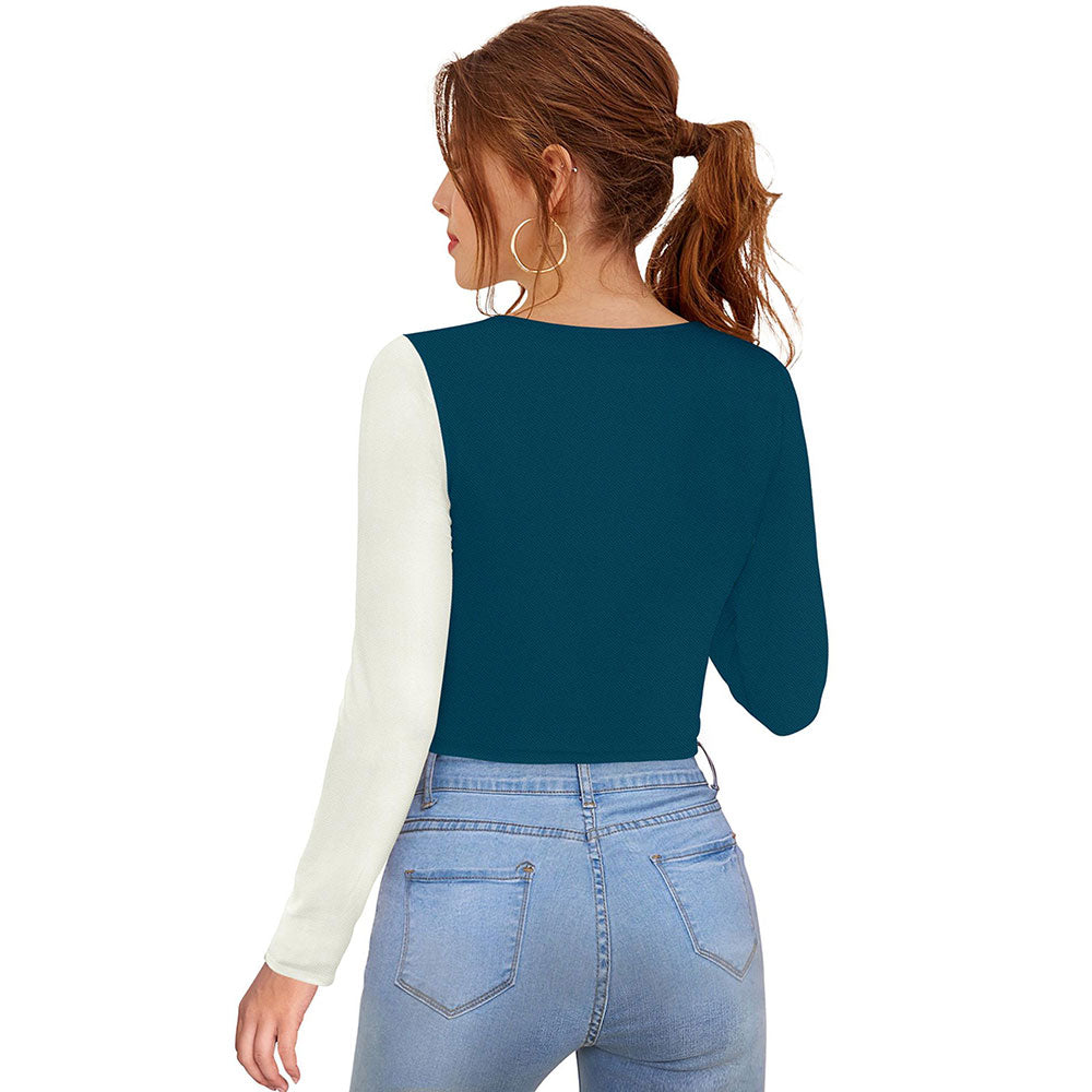 Odette Teal Polyester Solid Crop Top For Women