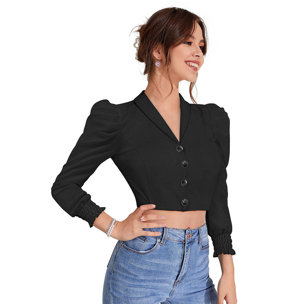 Odette Black Polyester Solid Crop Top For Women