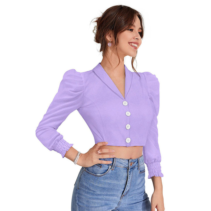 Odette Purple Polyester Solid Crop Top For Women