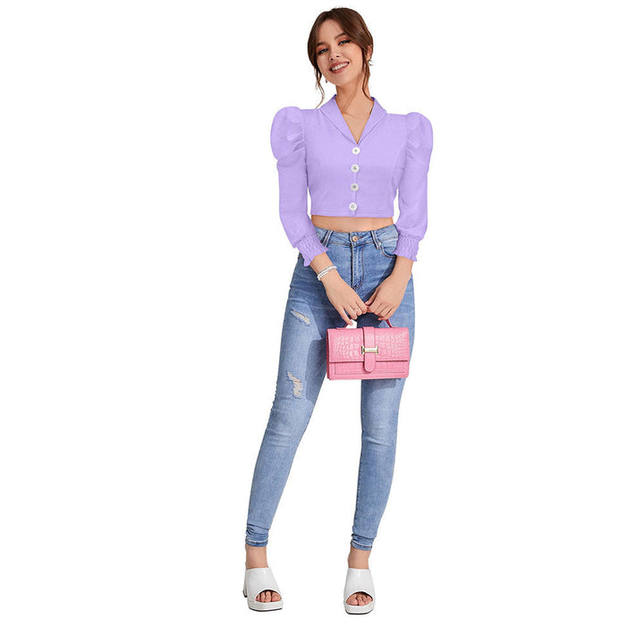 Odette Purple Polyester Solid Crop Top For Women