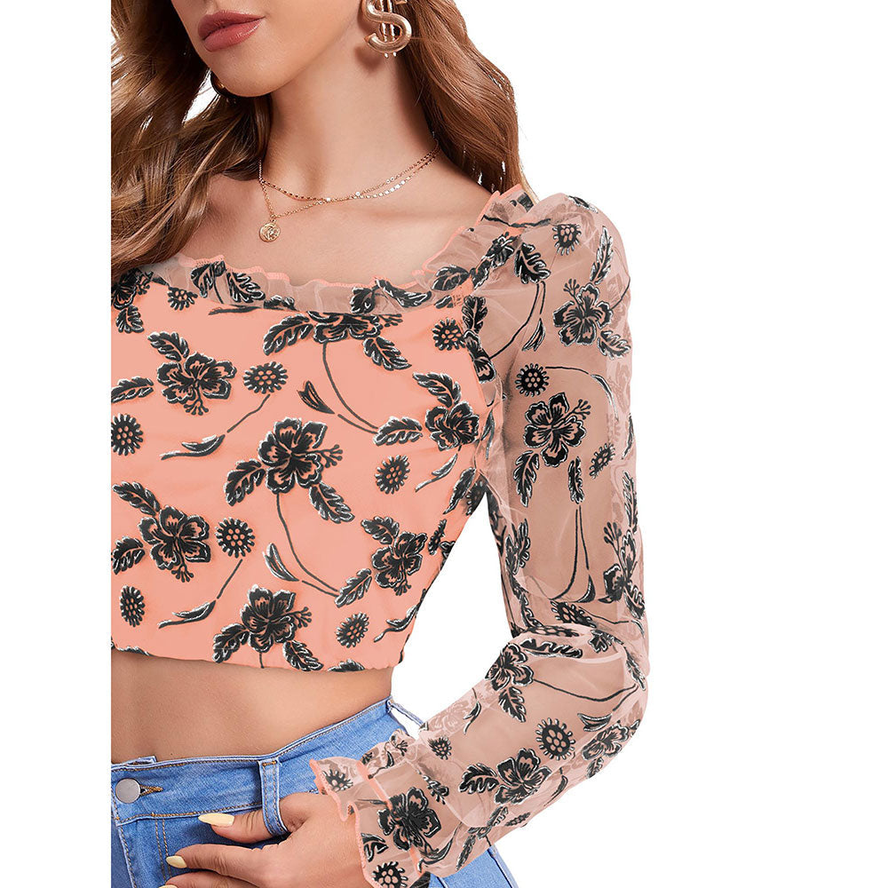 Odette Peach Polyester Printed Crop Top For Women