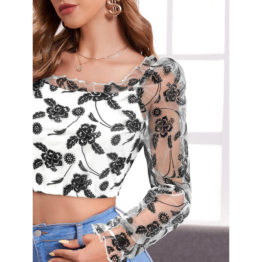 Odette White Polyester Printed Crop Top For Women