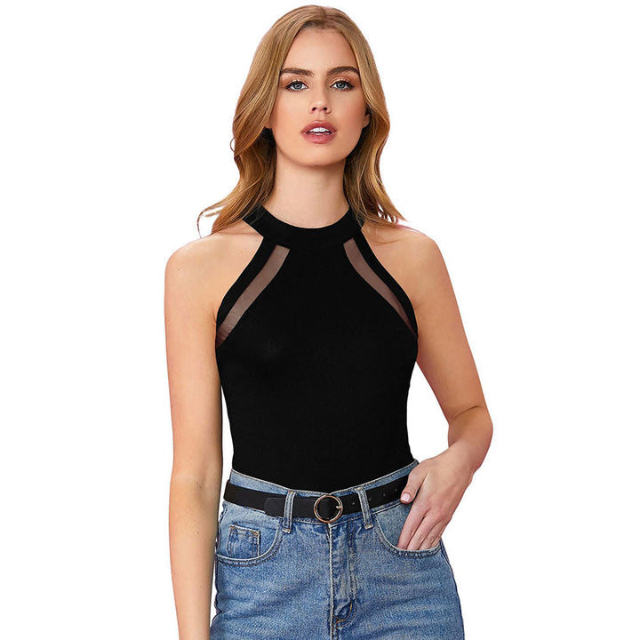 Odette Black Polyester Solid Top For Women