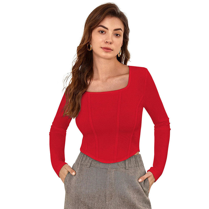 Odette Red Polyester Solid Crop Top For Women