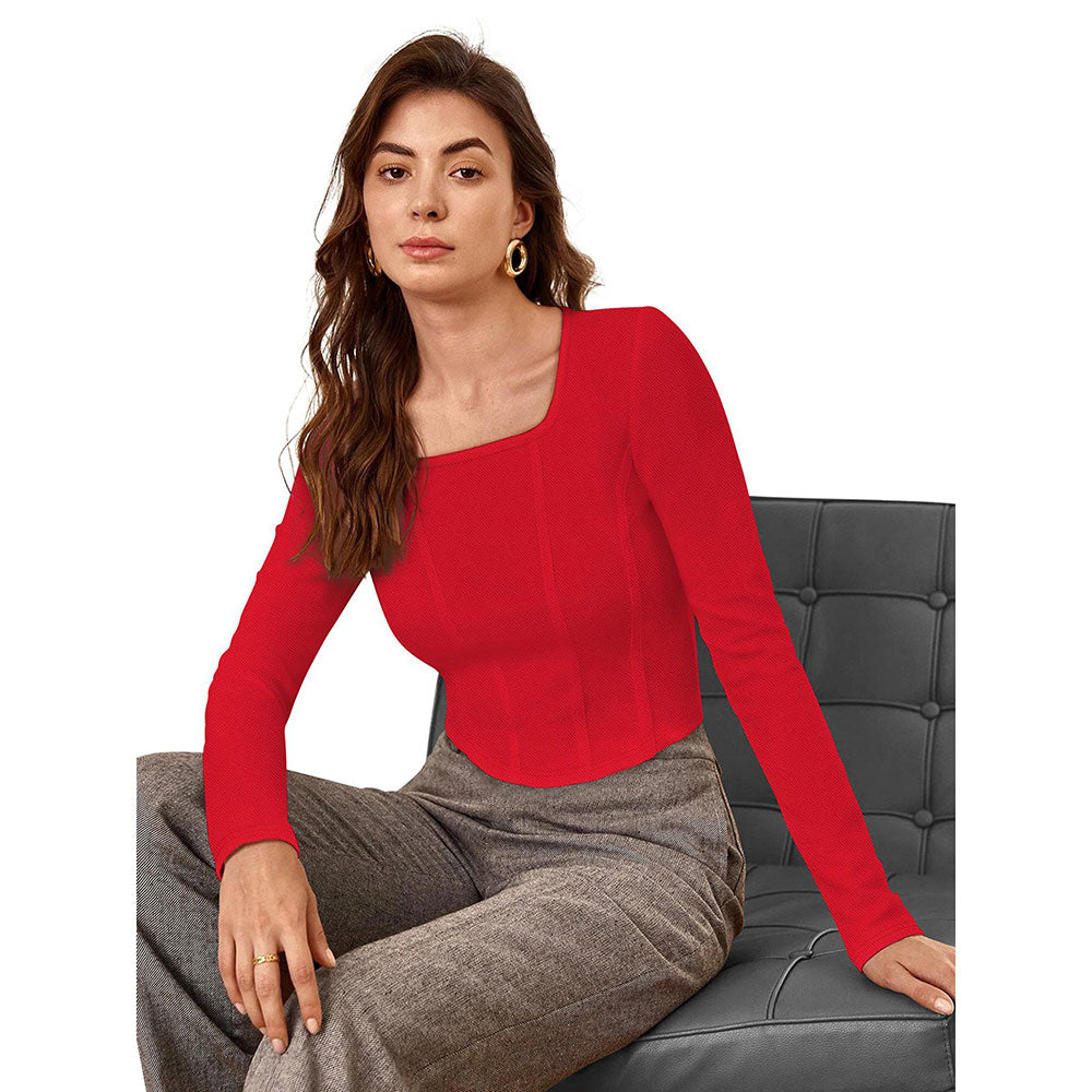 Odette Red Polyester Solid Crop Top For Women