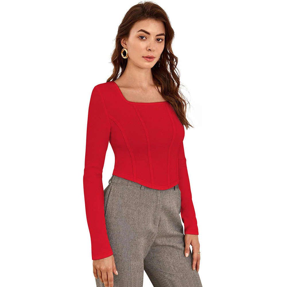 Odette Red Polyester Solid Crop Top For Women