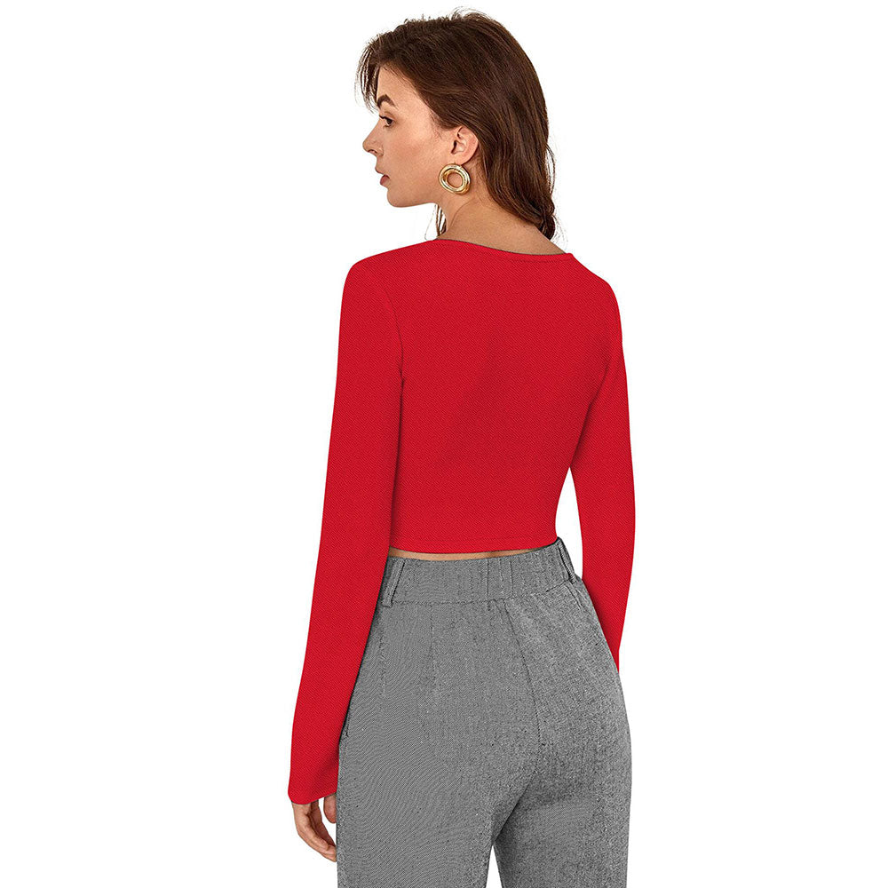 Odette Red Polyester Solid Crop Top For Women