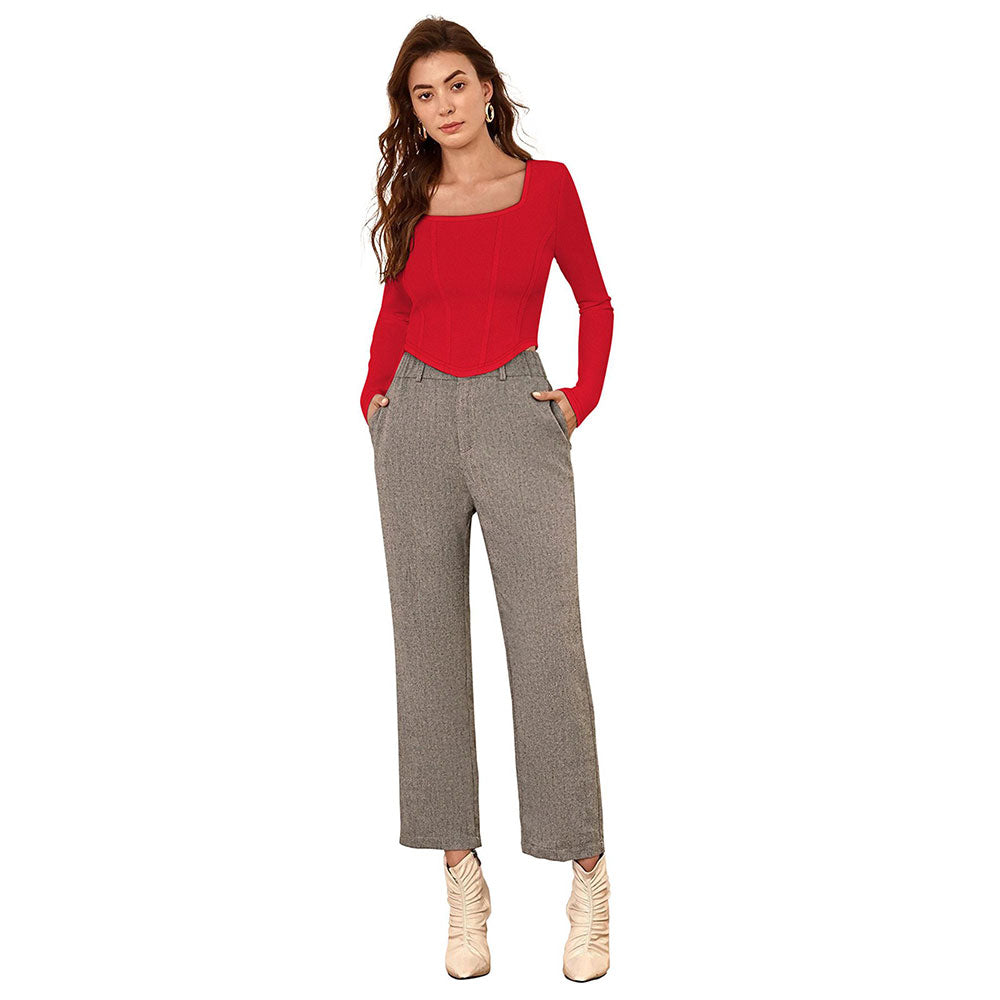 Odette Red Polyester Solid Crop Top For Women