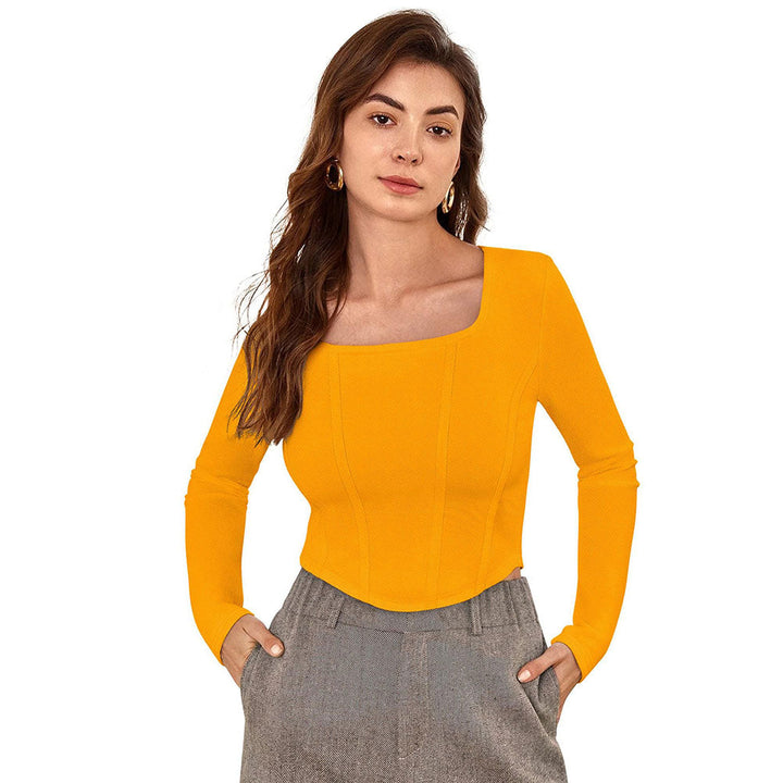 Odette Yellow Polyester Solid Crop Top For Women