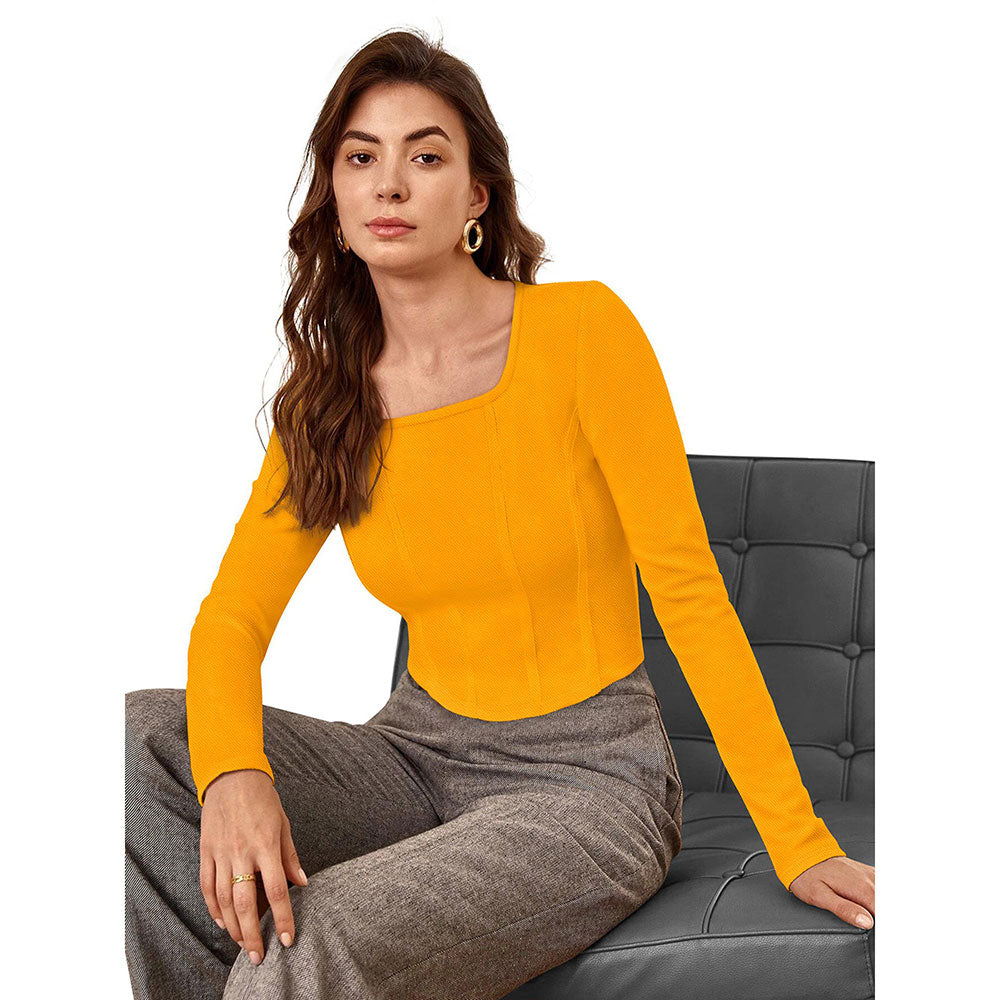 Odette Yellow Polyester Solid Crop Top For Women