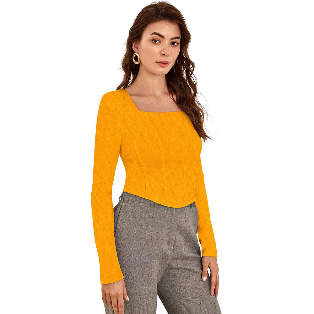 Odette Yellow Polyester Solid Crop Top For Women