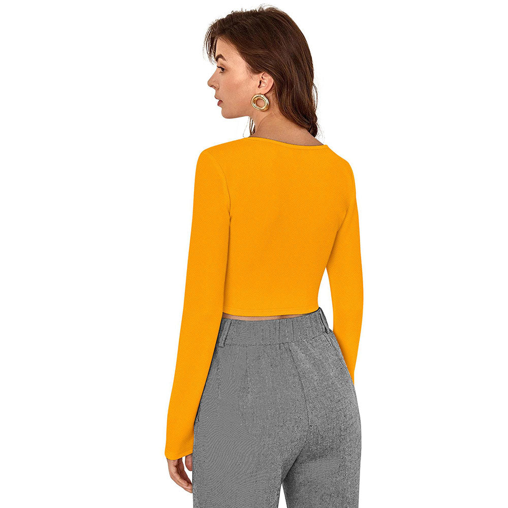 Odette Yellow Polyester Solid Crop Top For Women