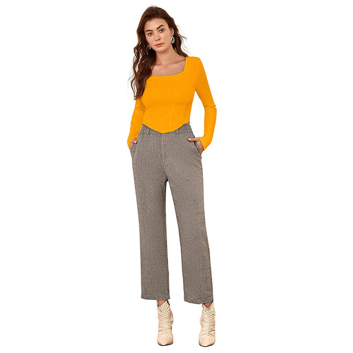 Odette Yellow Polyester Solid Crop Top For Women