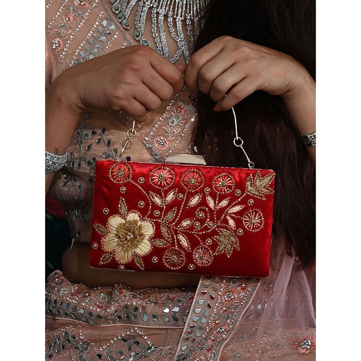 Odette Red And Gold Floral Embroidered Clutch for Women