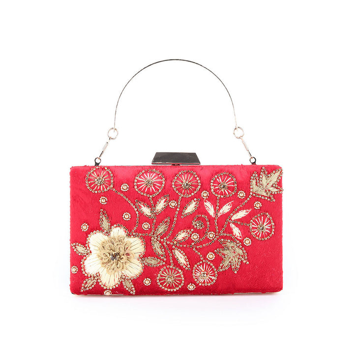 Odette Red And Gold Floral Embroidered Clutch for Women