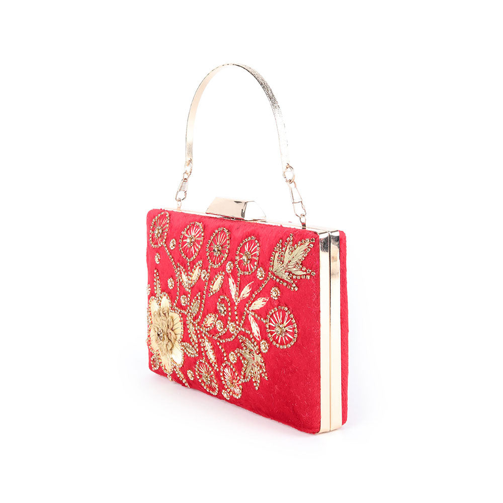 Odette Red And Gold Floral Embroidered Clutch for Women