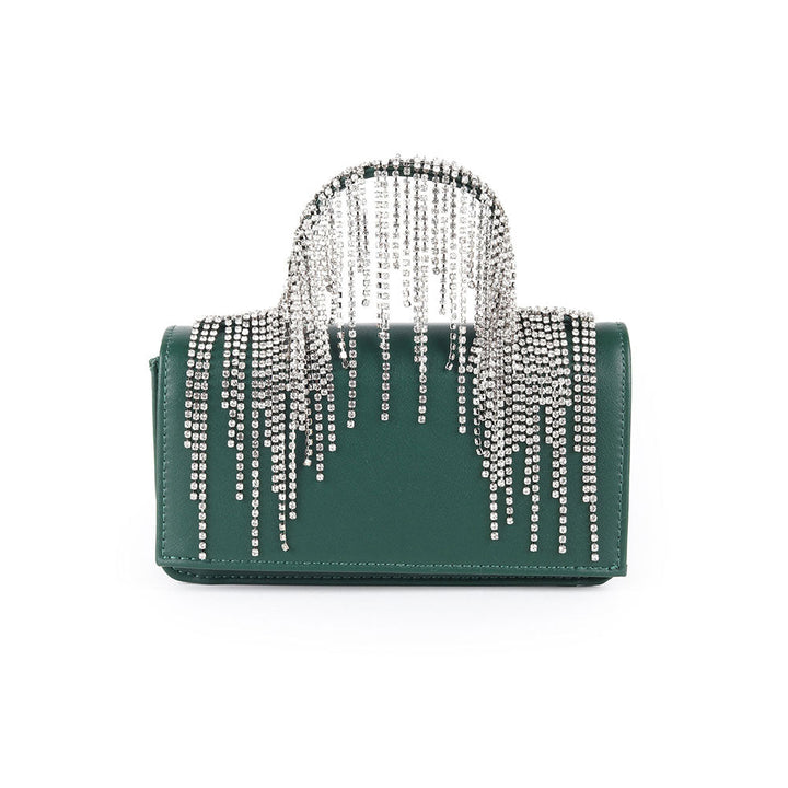 Odette Dark Green Faux Stone Tassels Embellished Clutch with Detachable Sling for Women