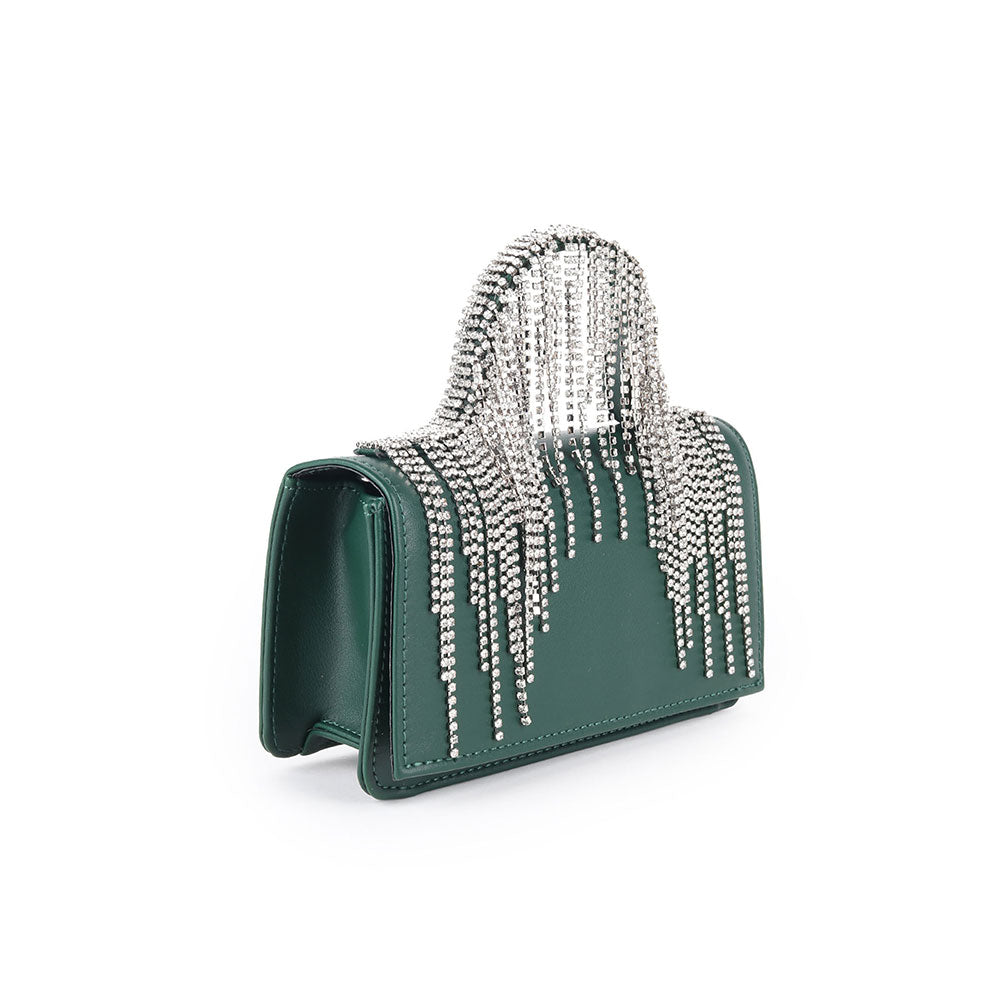 Odette Dark Green Faux Stone Tassels Embellished Clutch with Detachable Sling for Women