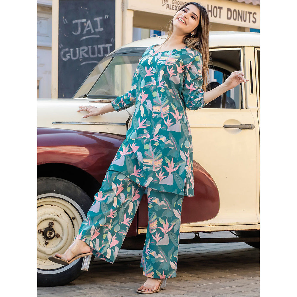 Odette Womens Blue Cotton Printed Stitched Co Ord (Set of 2)