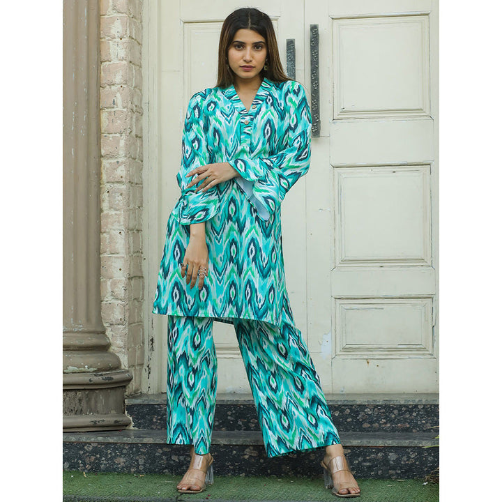 Odette Womens Turquoise Cotton Printed Stitched Co Ord (Set of 2)