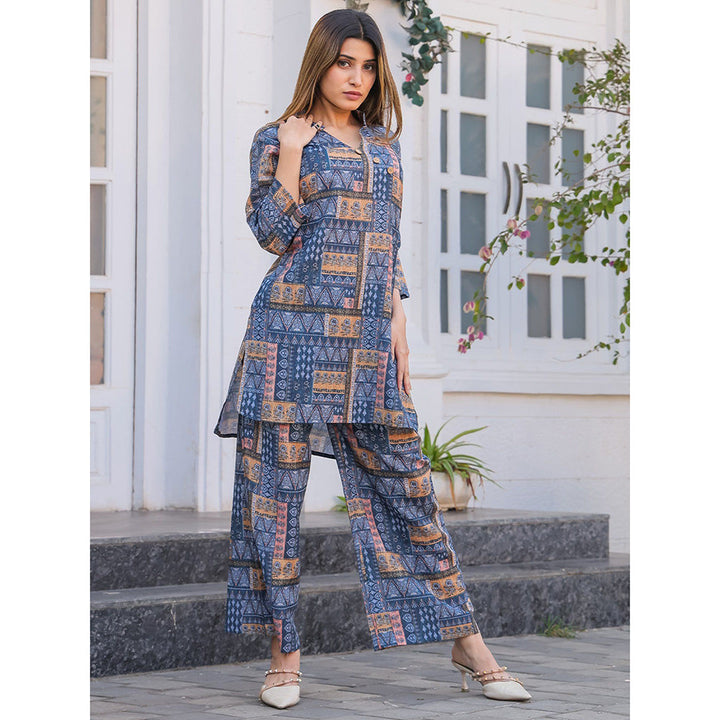 Odette Womens Blue Cotton Printed Stitched Co Ord (Set of 2)