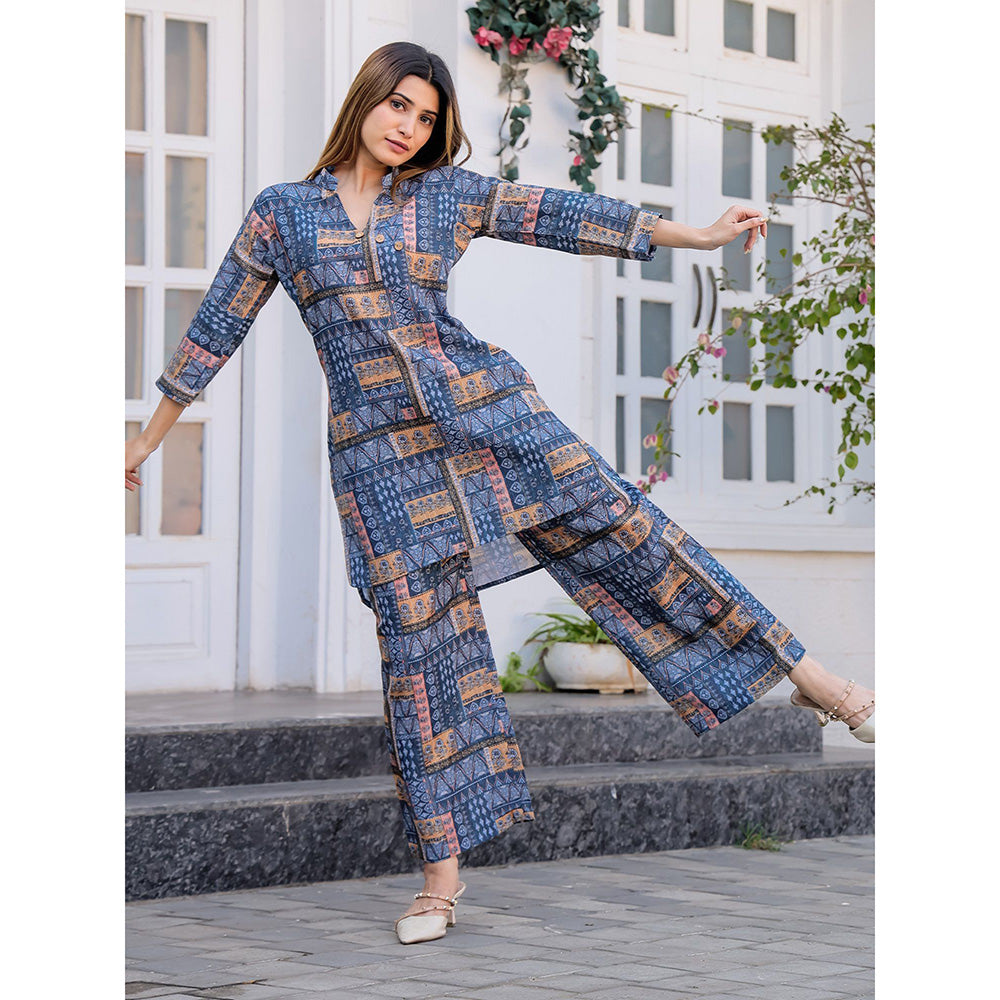 Odette Womens Blue Cotton Printed Stitched Co Ord (Set of 2)