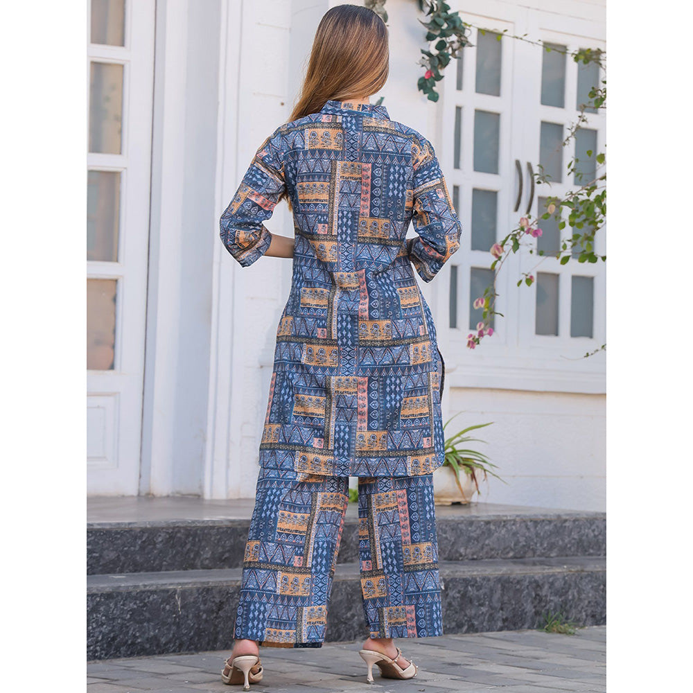 Odette Womens Blue Cotton Printed Stitched Co Ord (Set of 2)