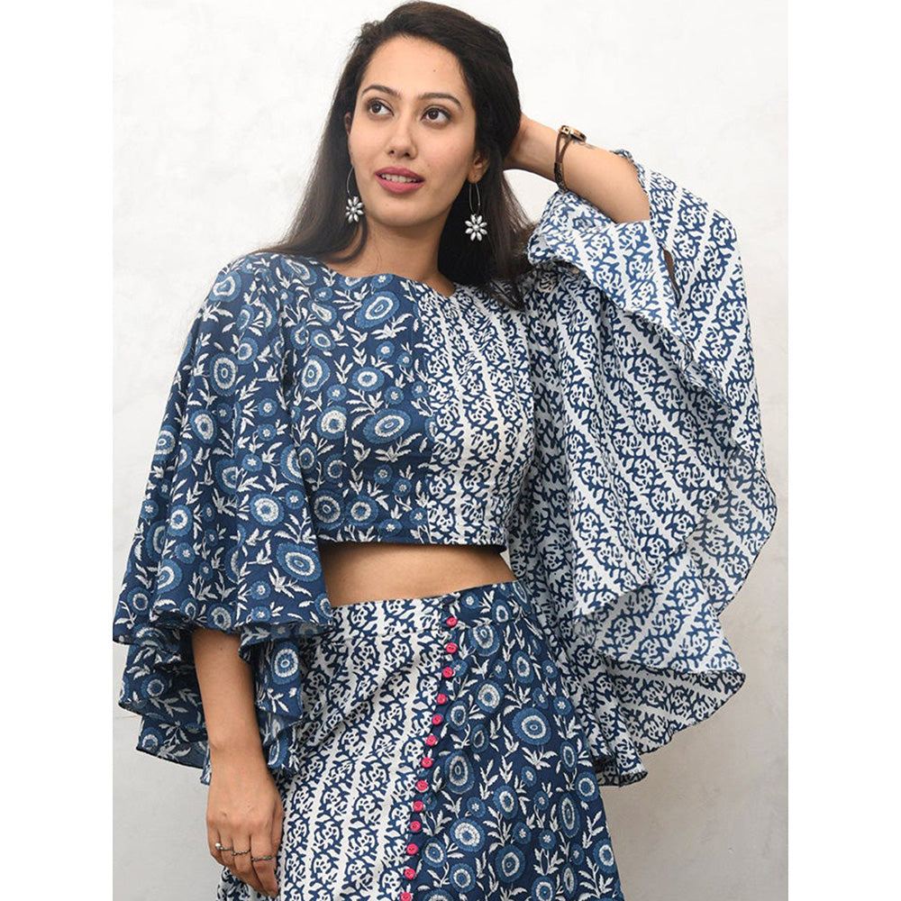 Odette Womens Blue Cotton Printed Stitched Co Ord (Set of 2)