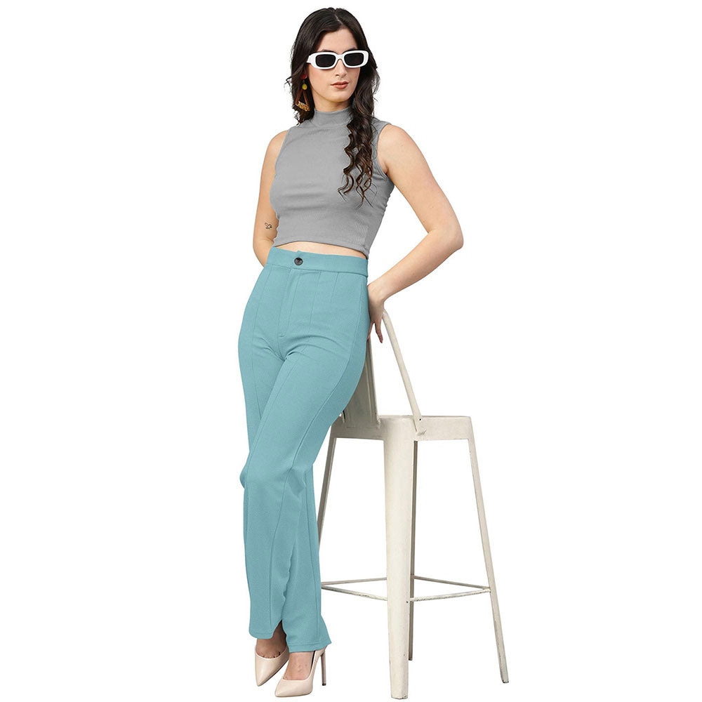 Odette Light Blue Polyester Trouser For Women