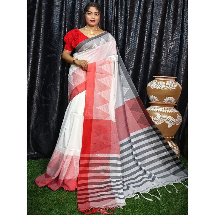 Odette White Cotton Saree with Unstitched Blouse