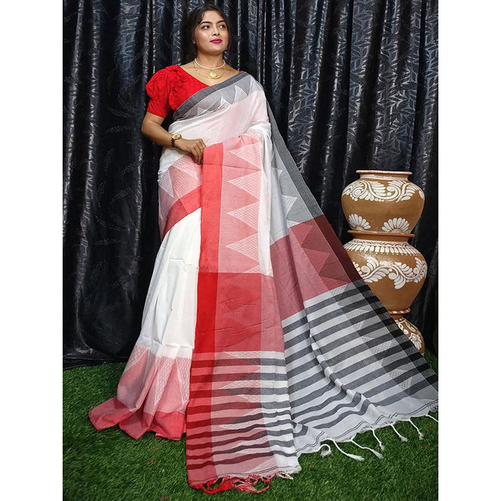 Odette White Cotton Saree with Unstitched Blouse