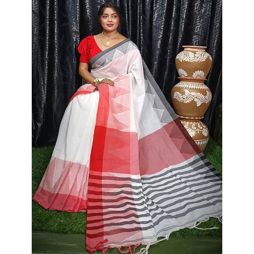 Odette White Cotton Saree with Unstitched Blouse